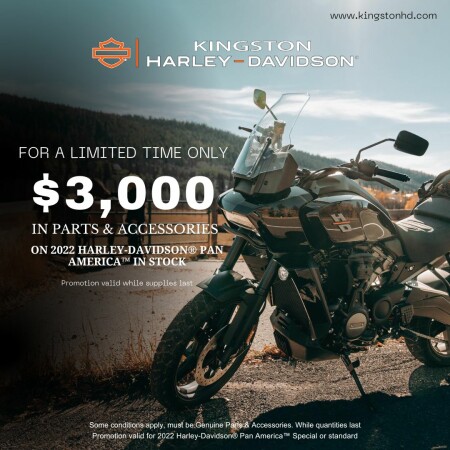 $3,000 in parts and accessories with yourbrand new 2022 Harley-Davidson® Pan America™ in stock