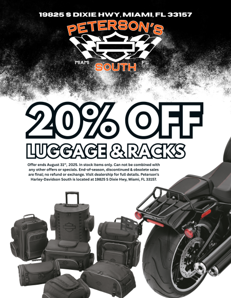 20% Off Luggage & Racks at Peterson's H-D South!