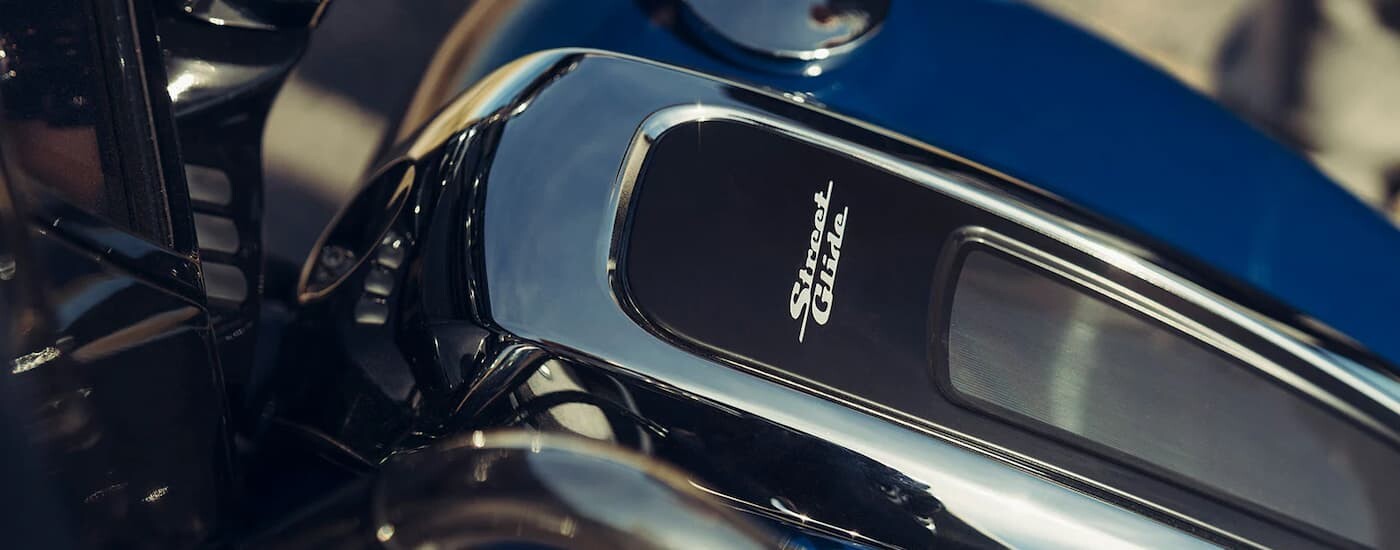 A close up of a blue 2023 Harley-Davidson Street Glide Special is shown.