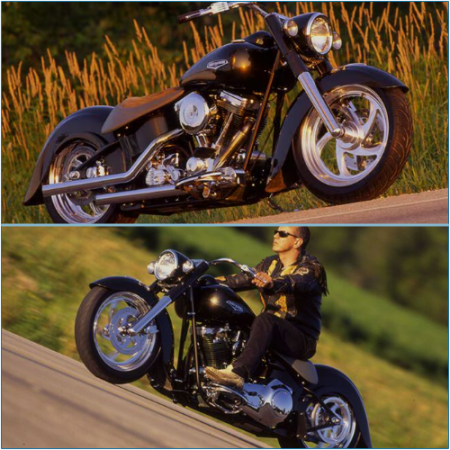 A customized Harley-Davidson Heritage Softail boasting a sleek design inspired by the 1930s era.
