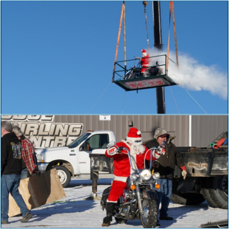 Santa executes a soaring burnout atop a Harley in Estevan while rallying behind the local food bank.