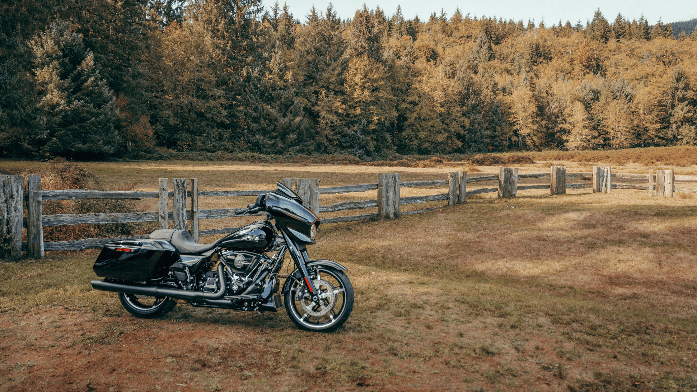 Harley-Davidson Street Glide motorcycle parked in a scenic field with trees and a wooden fence.