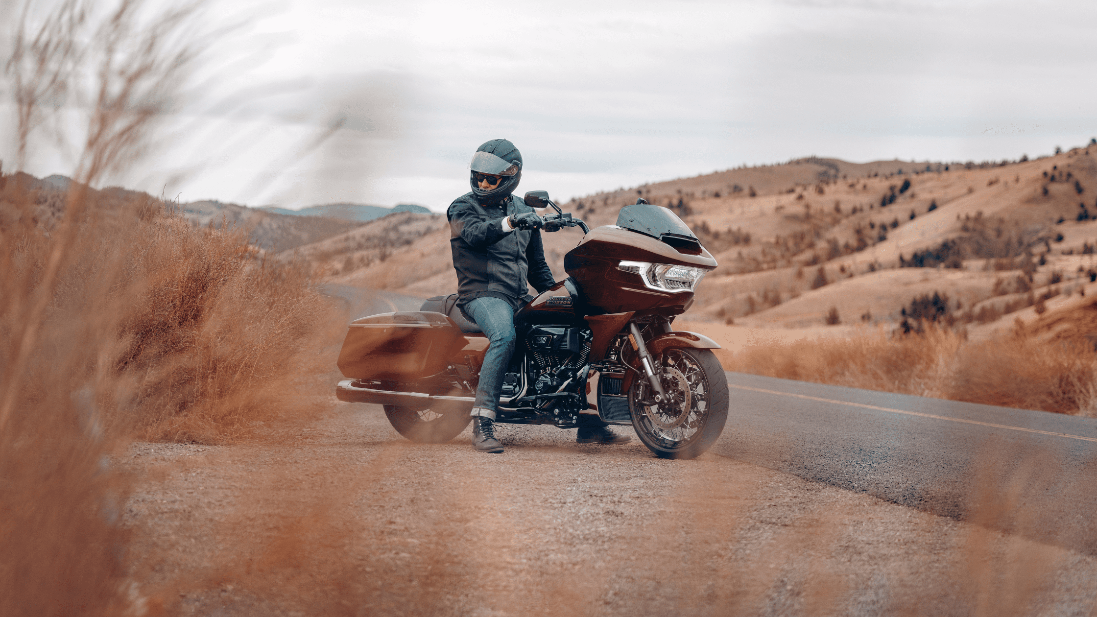 Rider on a Harley-Davidson CVO™ Road Glide® motorcycle on a scenic road.