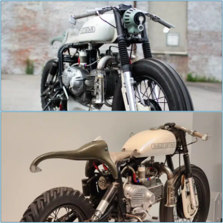 A Harley Davidson, rebuilt with repurposed parts, features a saxophone as its exhaust.