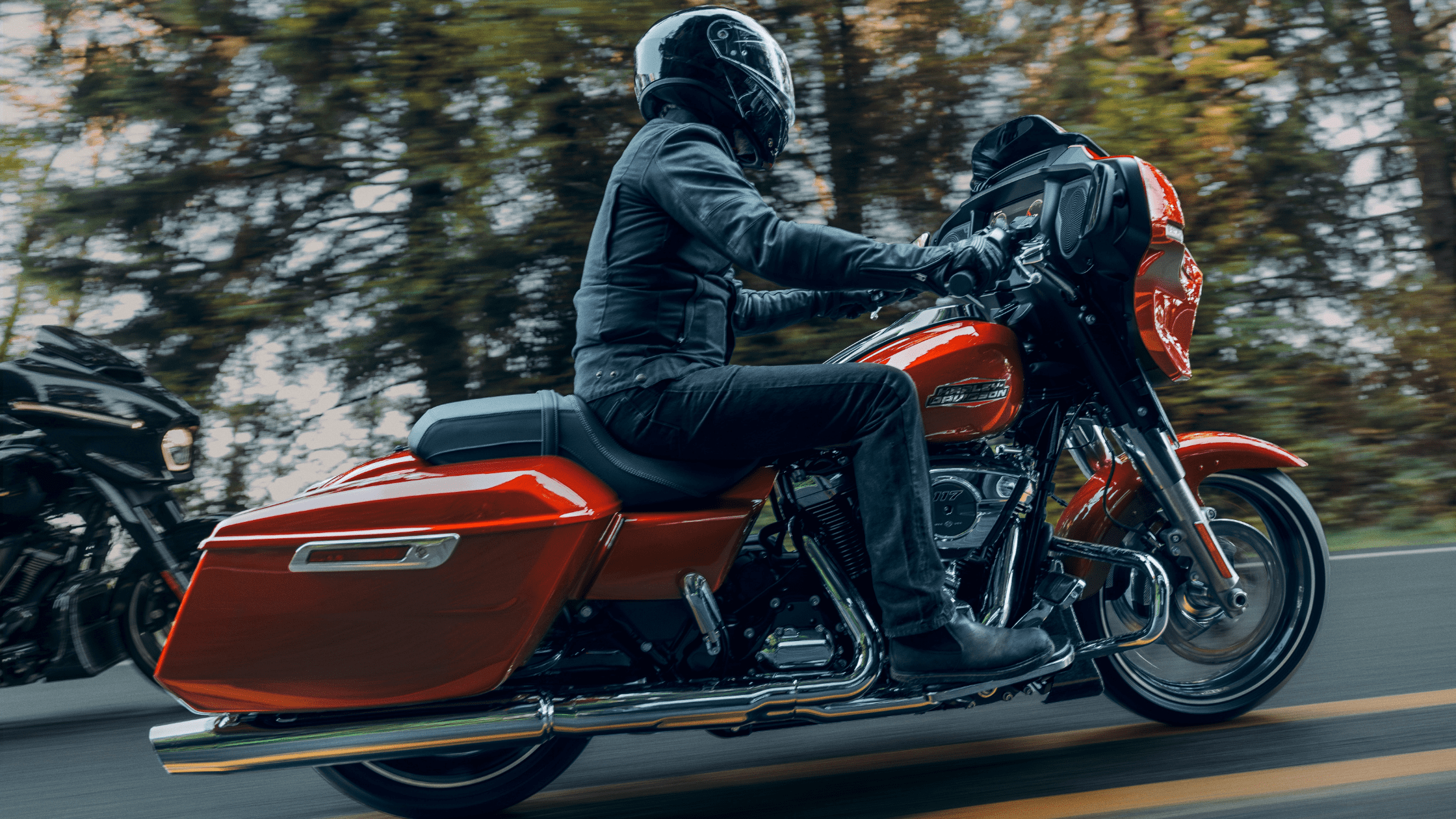 a man riding a 2024 Harley-Davidson® Street Glide® with forest background