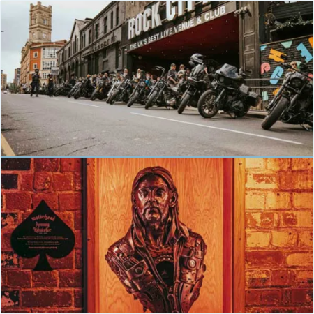 A group of 55 Harley-Davidsons brought Lemmy's ashes to Rock City, Nottingham.
