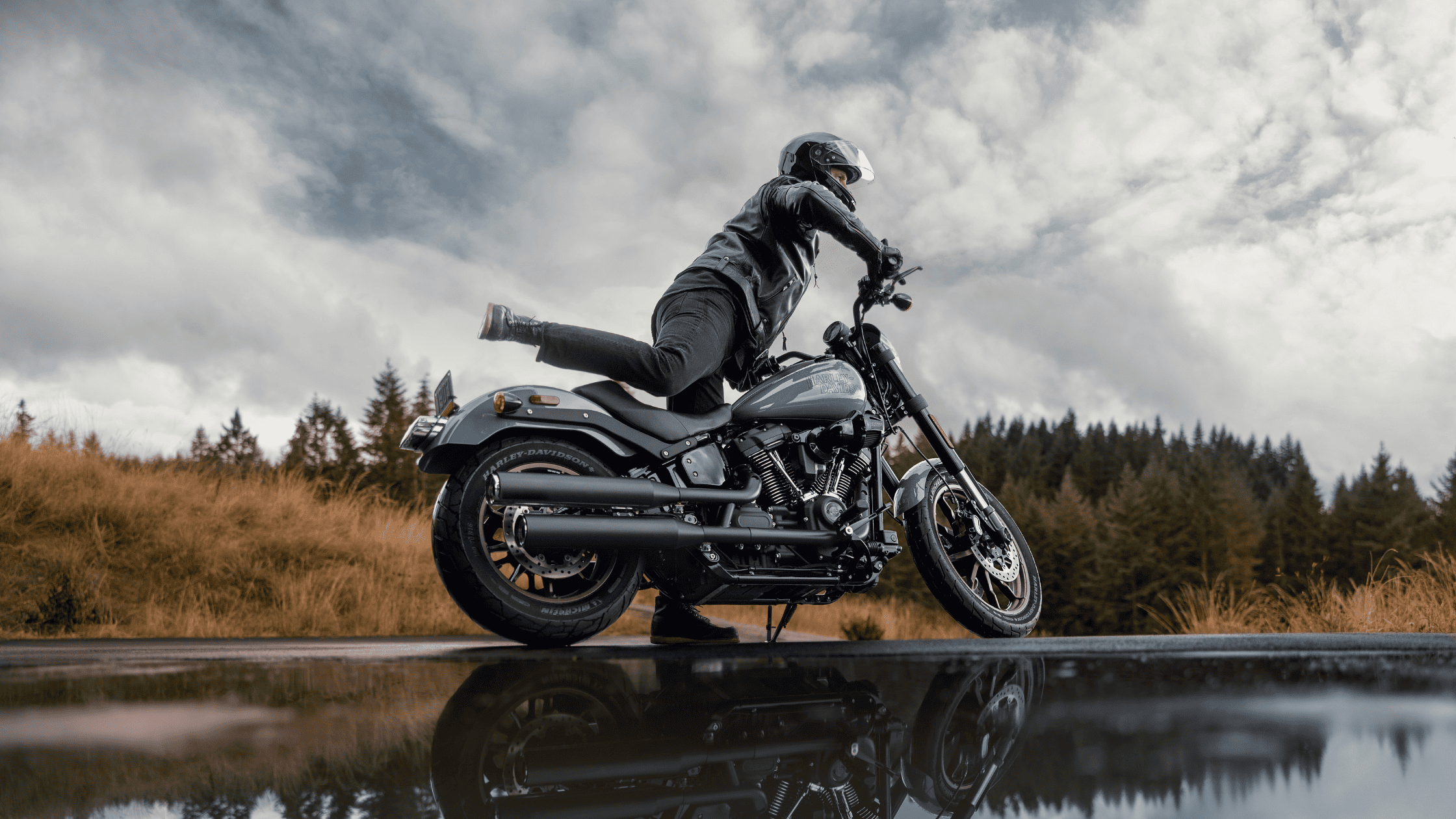 A motorcyclist wearing a helmet rides a 2024 Harley-Davidson® Low Rider® S on a wet road surrounded by trees and cloudy skies.