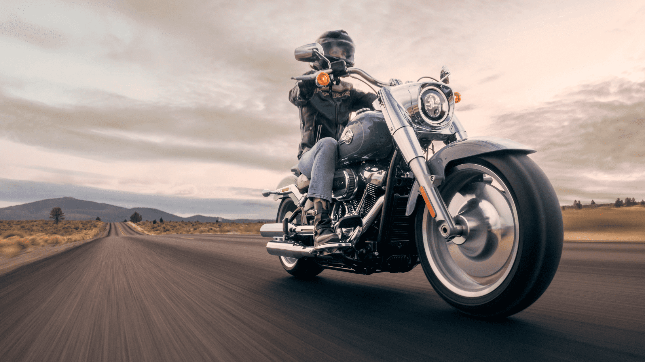 A rider cruising on a 2024 Harley-Davidson® Fat Boy® 114 down a scenic, open road with mountains in the distance