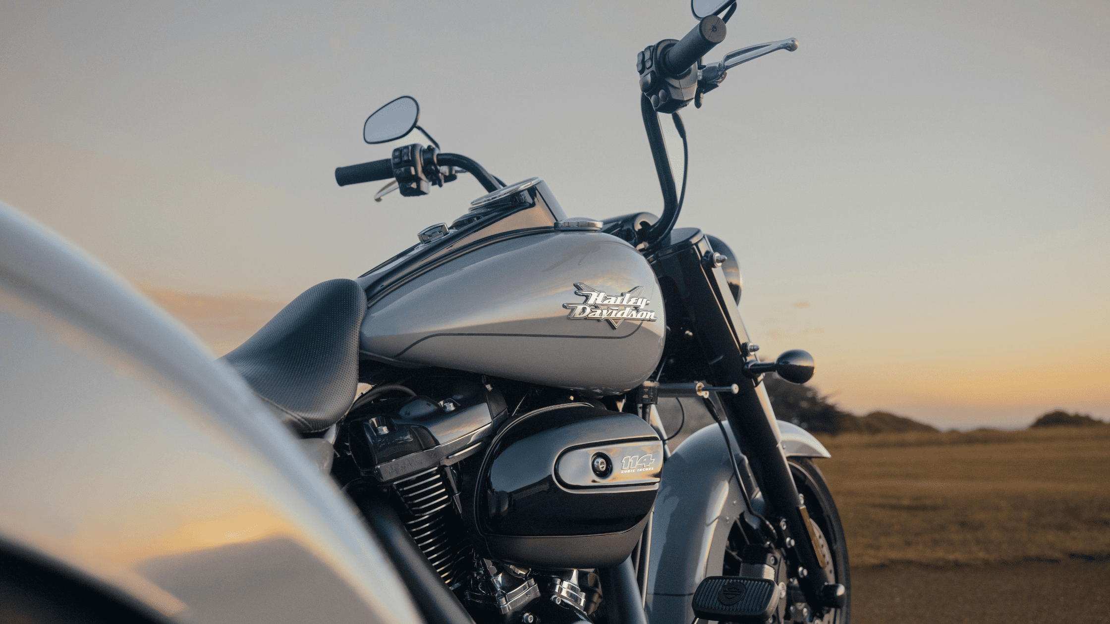 Close-up view of a Harley-Davidson Freewheeler® with the sunset in the background, highlighting its sleek silver tank and 114 engine.
