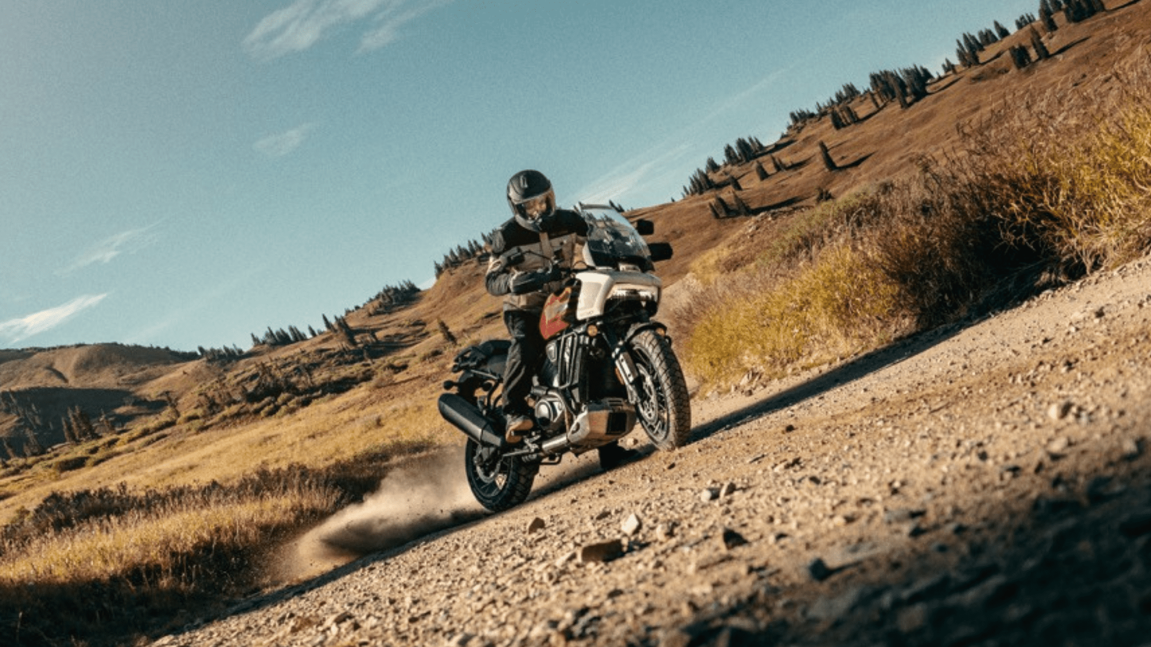 Rider on a Harley-Davidson Pan America® 1250 Special navigating a rugged off-road trail, kicking up dust against a backdrop of open fields and hills.