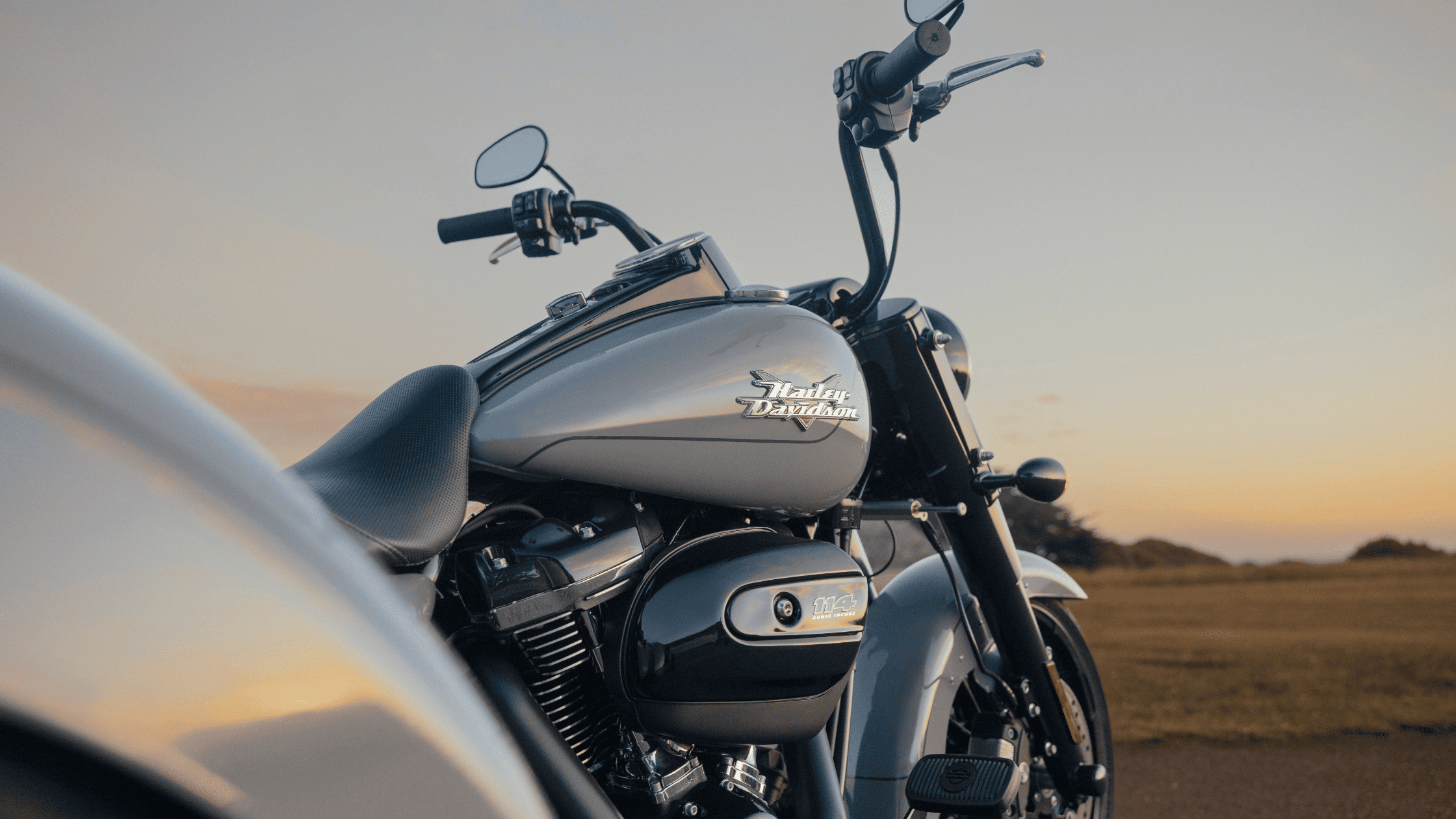 Close-up of a silver Harley-Davidson® Freewheeler® motorcycle at sunset with clear skies and an open field in the background.