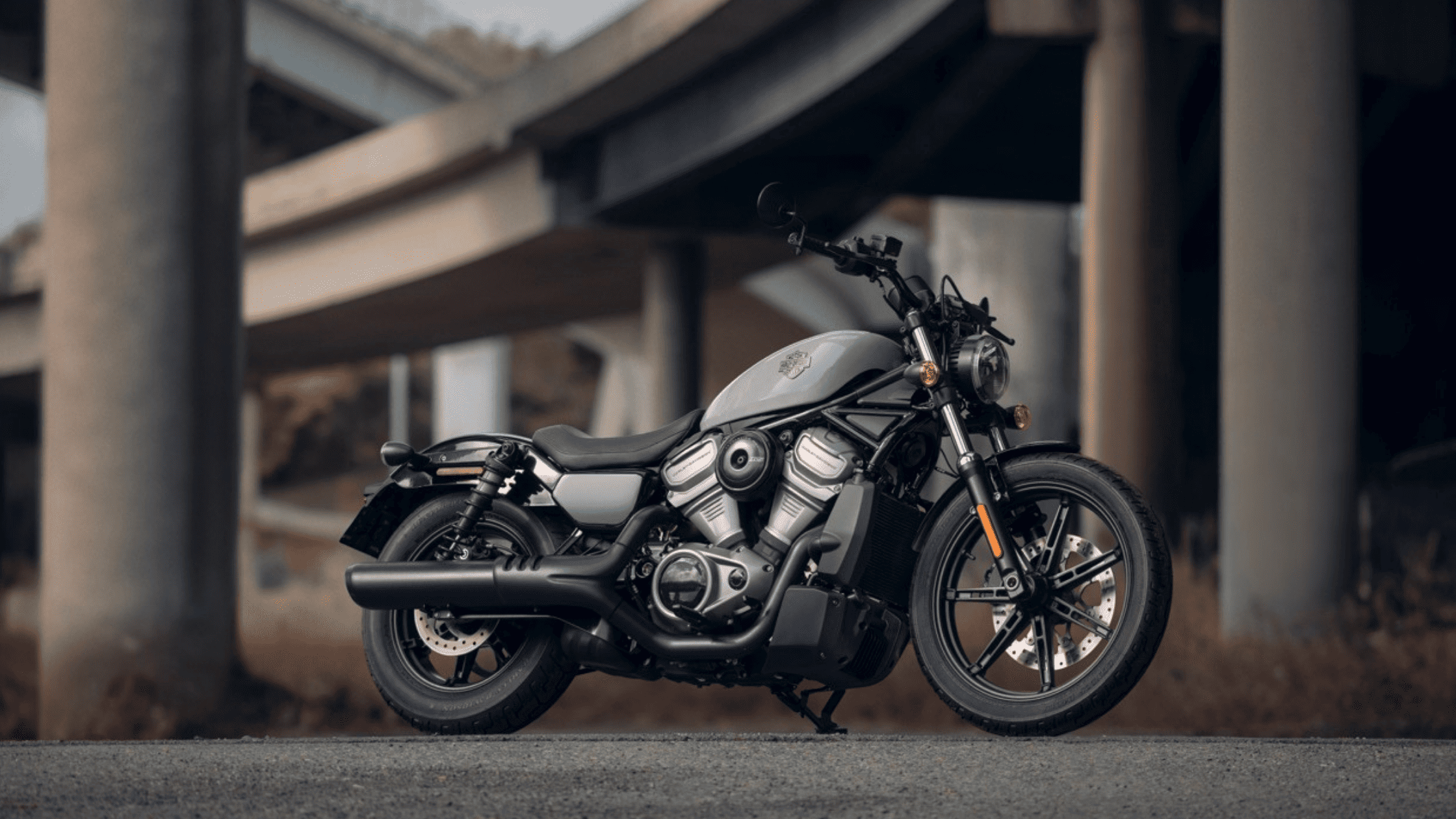 Silver Harley-Davidson® Nightster® motorcycle parked under a highway overpass, highlighting its sleek design and urban setting.