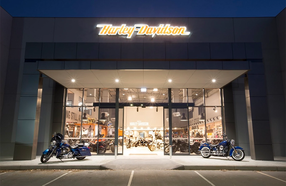 Perth Harley-Davidson shop front at night