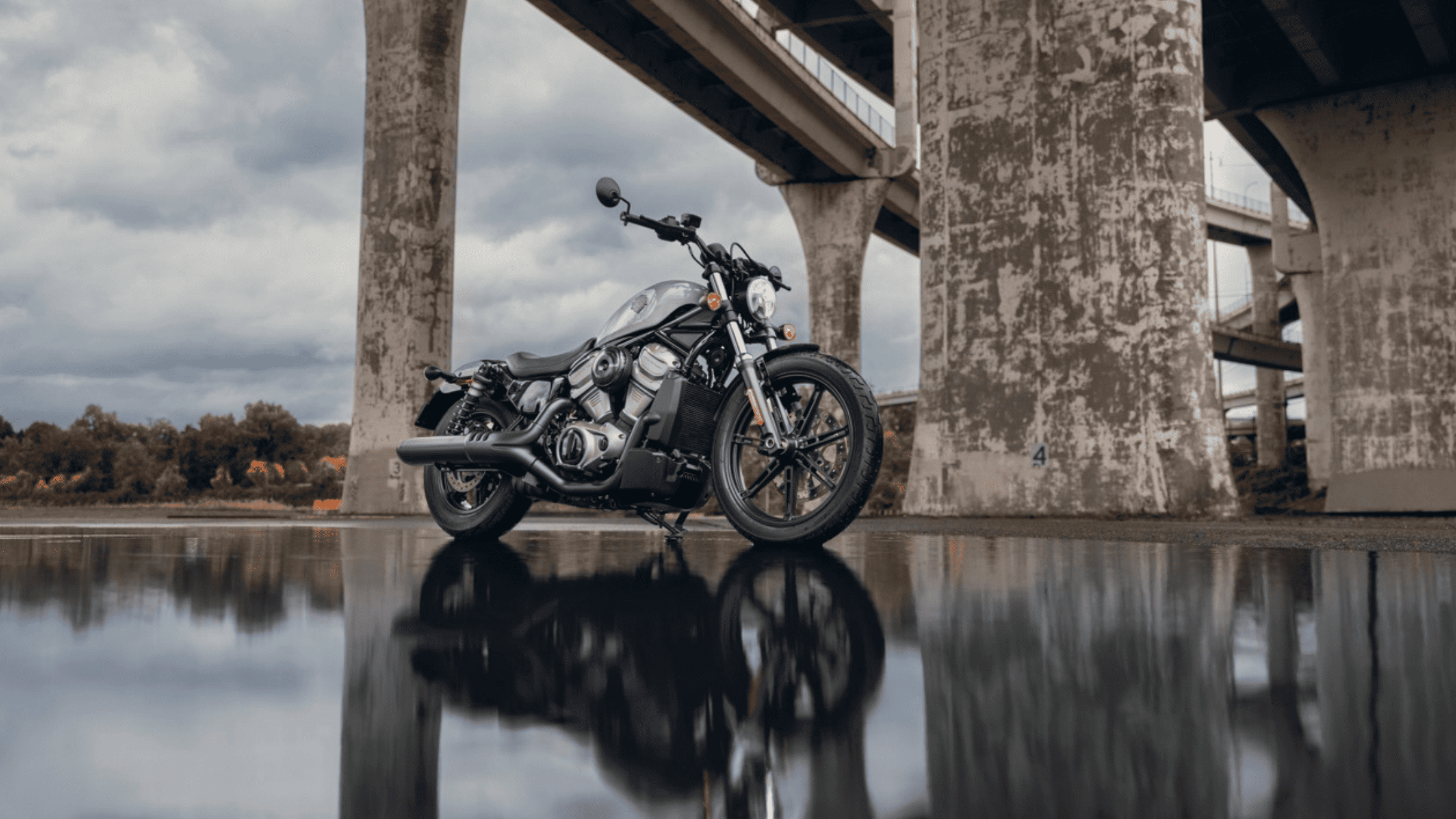 2024 Harley-Davidson Nightster parked under a weathered concrete overpass, with reflections on a rain-soaked surface and a cloudy sky in the background.