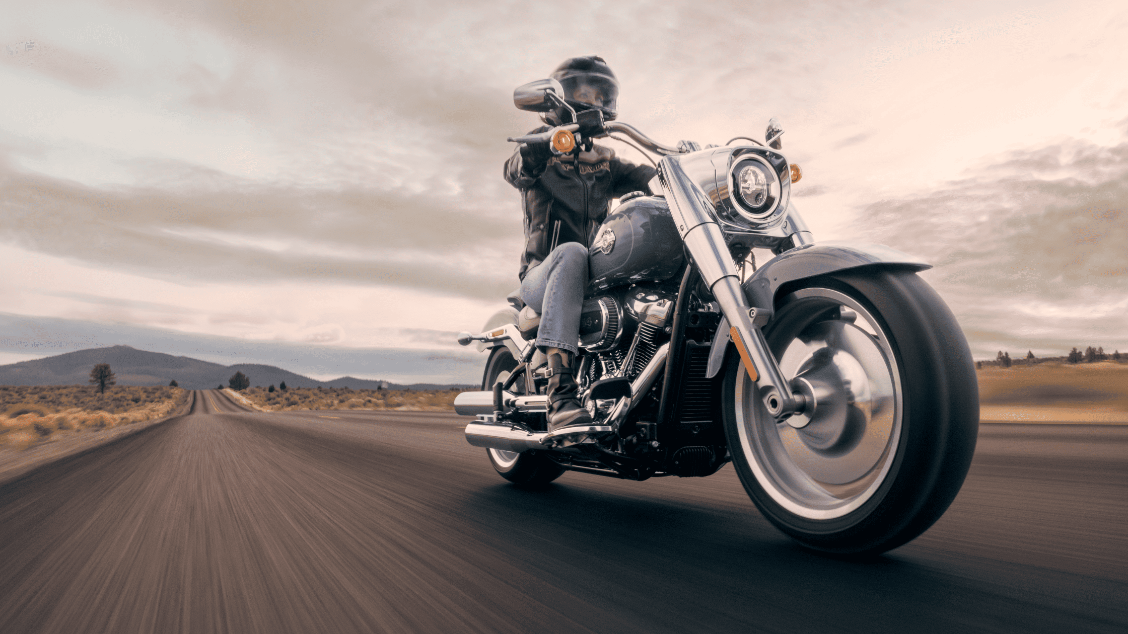 2024 Harley-Davidson® Fat Boy® 114 riding down open road in scenic landscape.