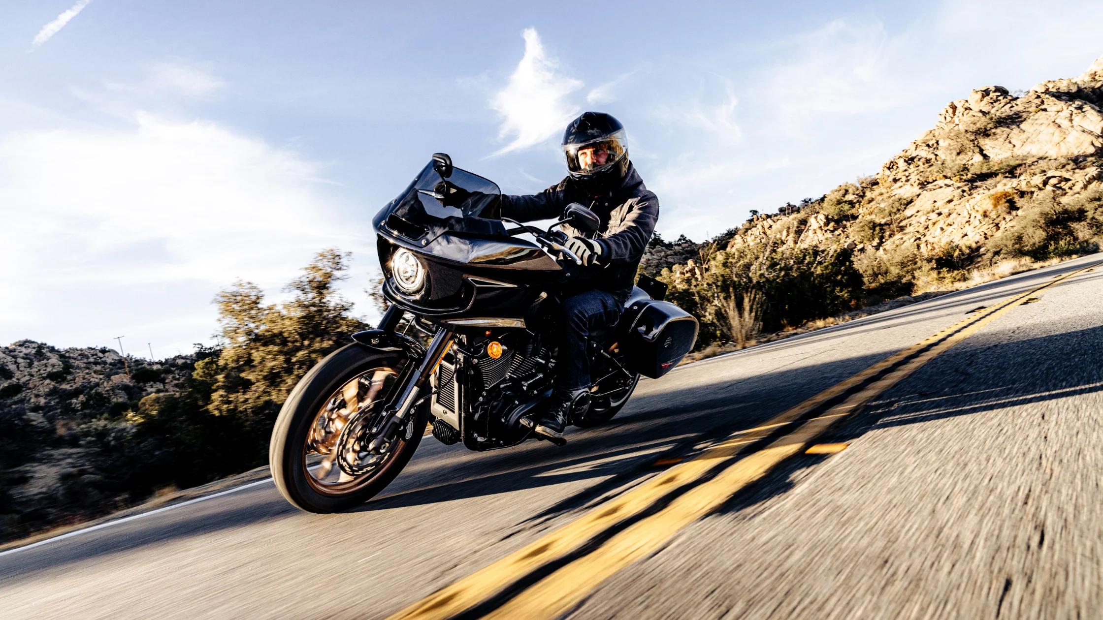Harley-Davidson® Low Rider® ST carving through scenic mountain roads.