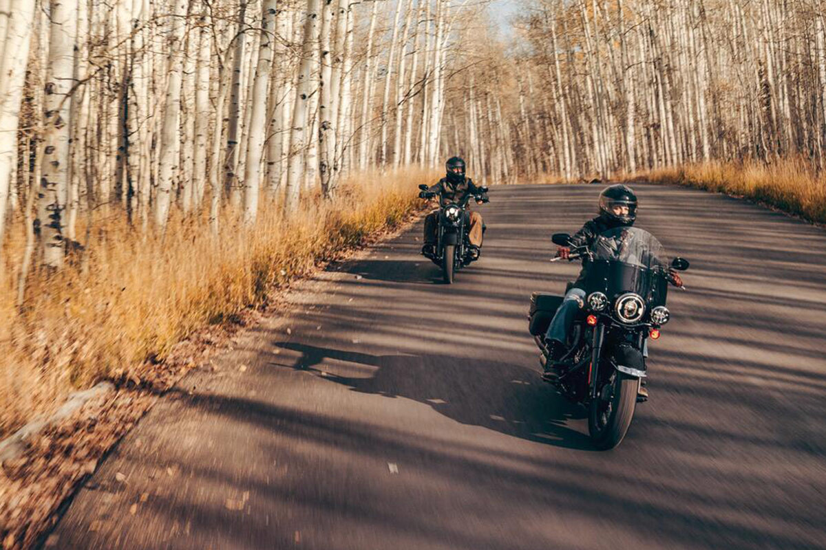 Harley-Davidson motorcycles on the open road.