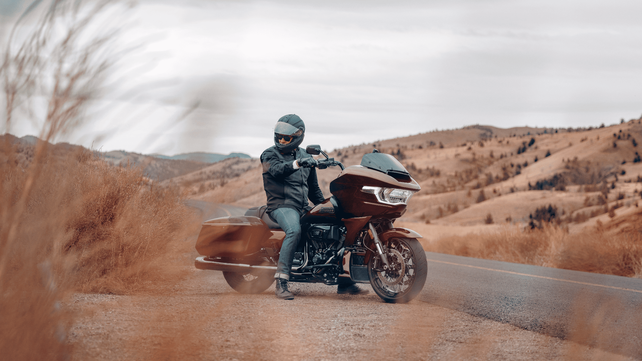 A man confidently rides a 2024 Harley-Davidson® CVO™ Road Glide® motorcycle along a scenic road