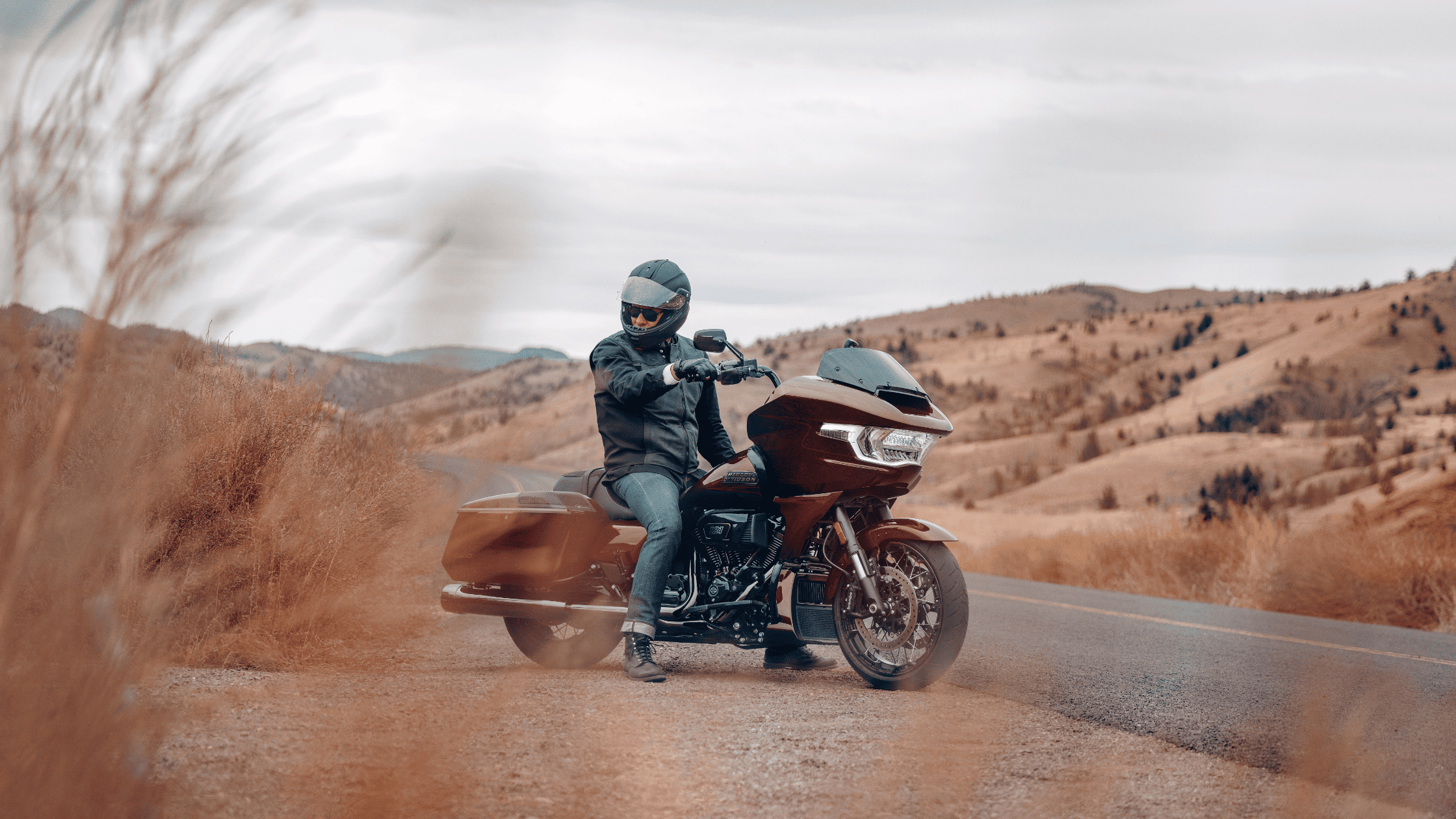 A man confidently rides a motorcycle along a scenic road, showcasing freedom and adventure.