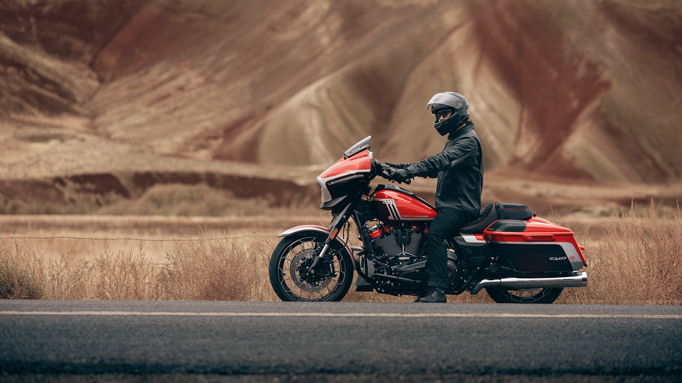 2024 Harley-Davidson® CVO™ Street Glide® motorcycle parked on roadside, highlighting bold touring style