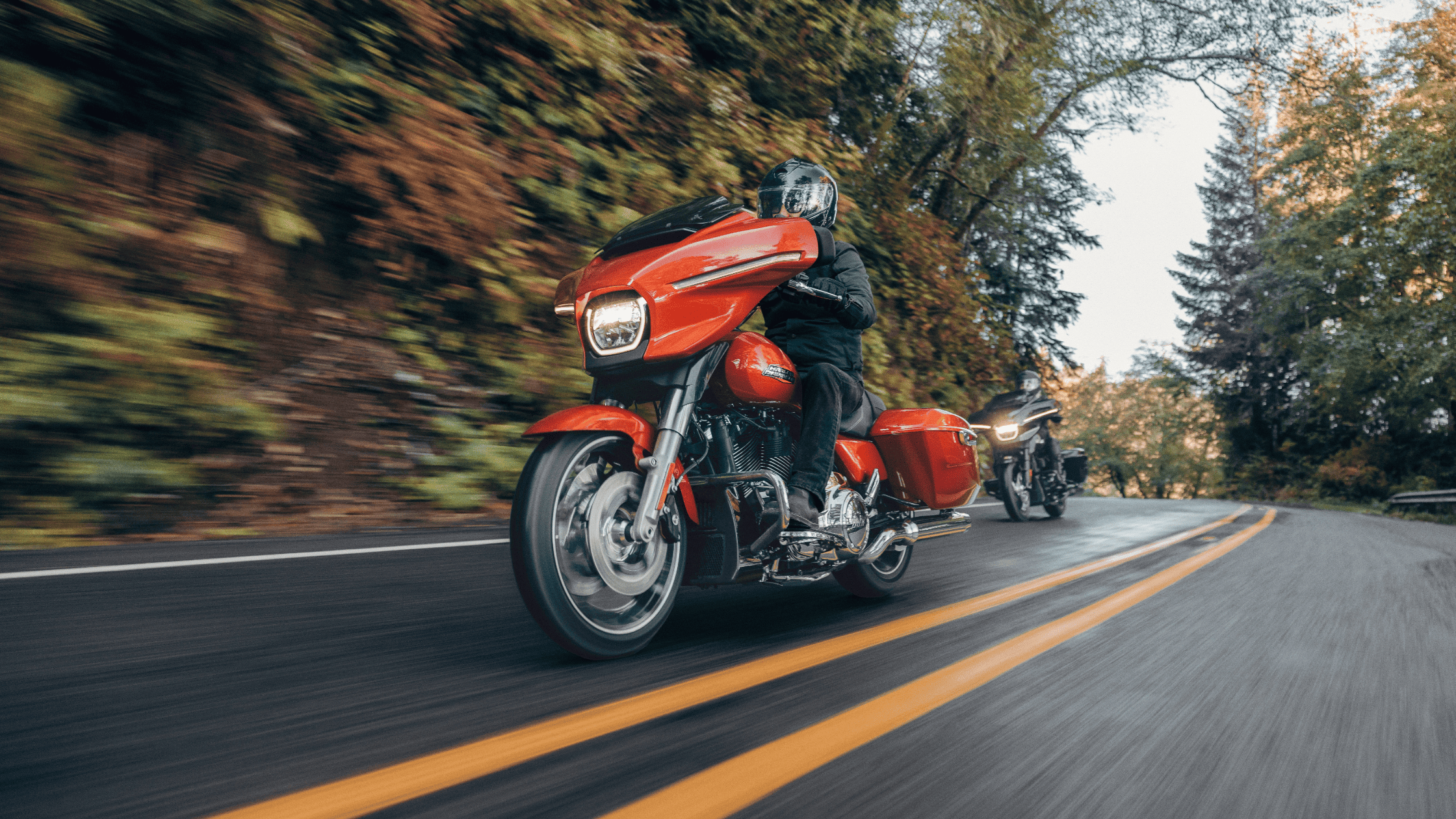 Dynamic shot of 2024 Harley-Davidson® Street Glide® touring motorcycle in motion on a curved mountain road