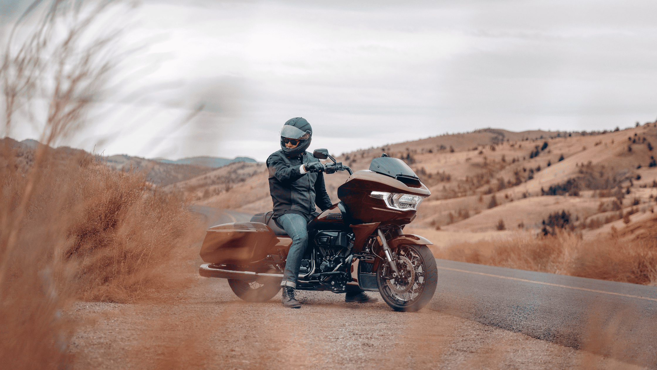 2024 Harley-Davidson® CVO™ Road Glide® motorcycle, highlighting sleek design against open countryside road