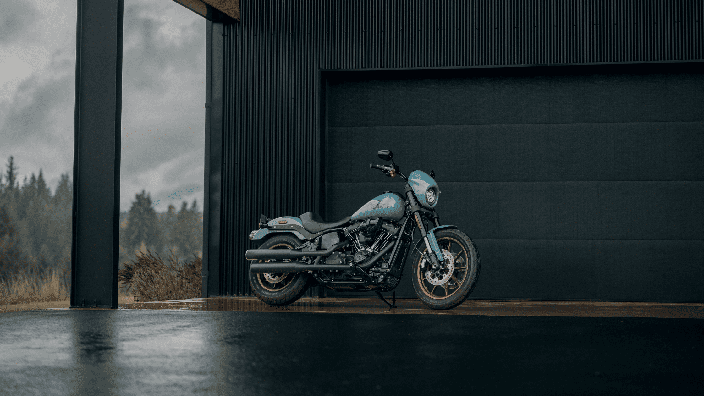 A Harley Davidson motorcycle parked in front of a garage, showcasing its sleek design and classic style.