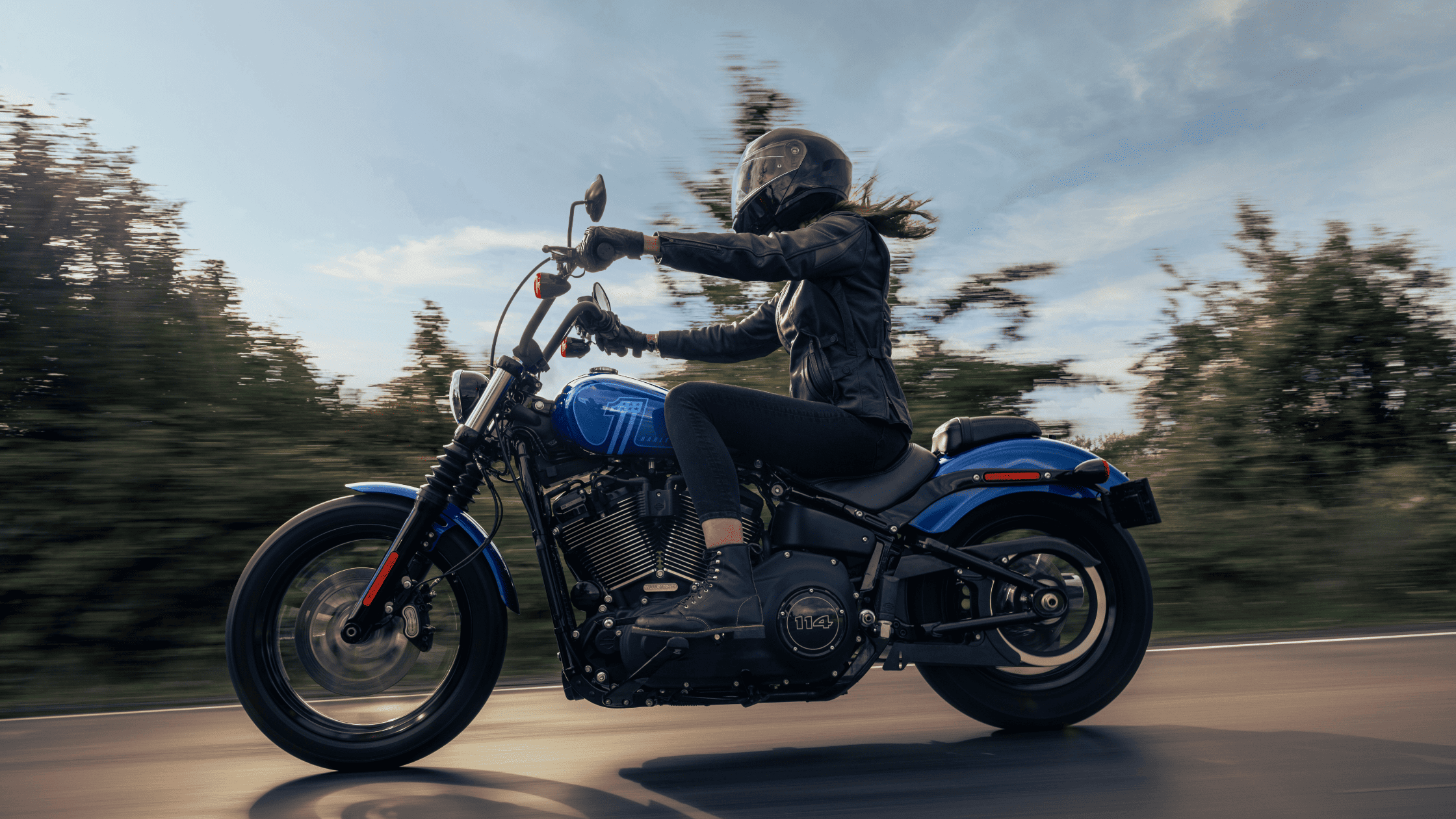 A person on a blue Harley Davidson motorcycle speeds down an open road.
