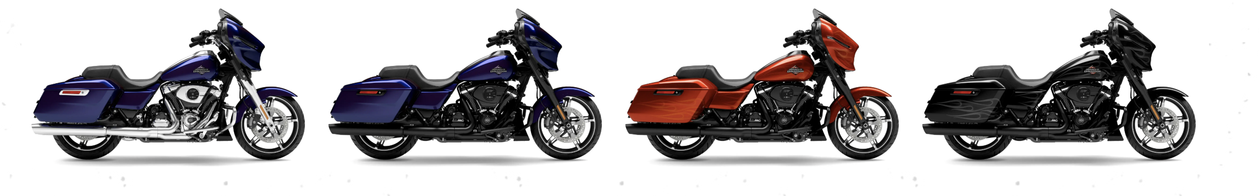 2025 Harley-Davidson Street Glides in Mystic Shift, Whiskey Fire and Midnight Firestorm