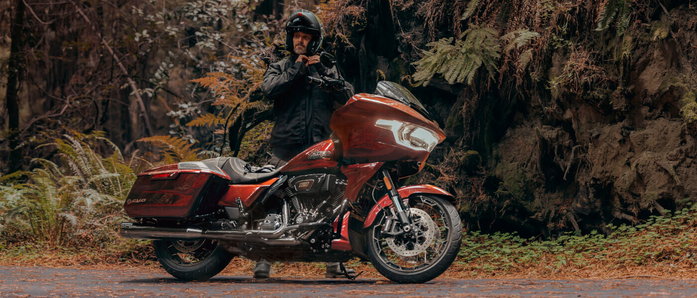 2024 Harley-Davidson CVO Road Glide in the woods with rider