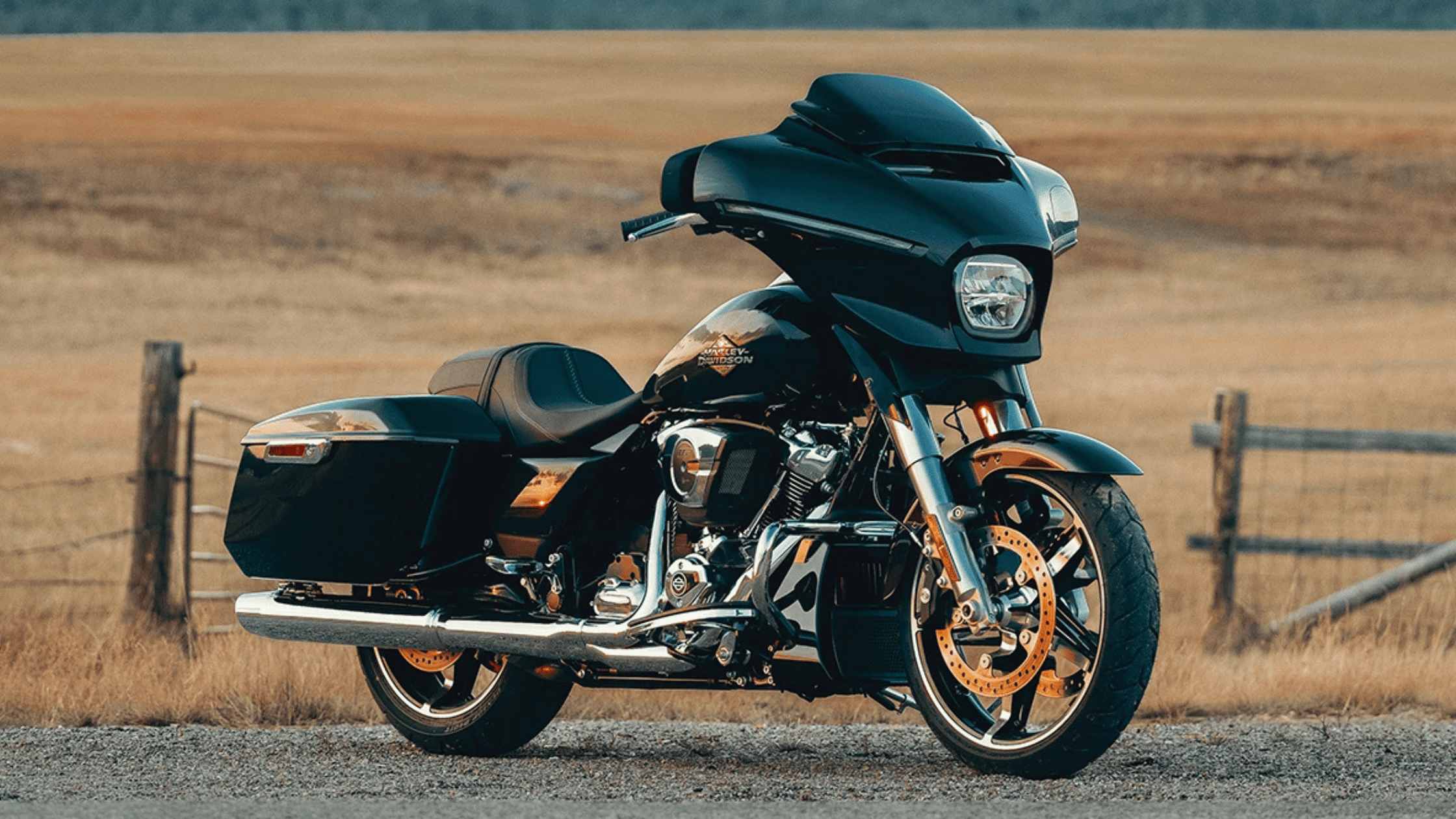 A sleek black 2025 Harley-Davidson® Street Glide® parked in a serene countryside setting with open fields
