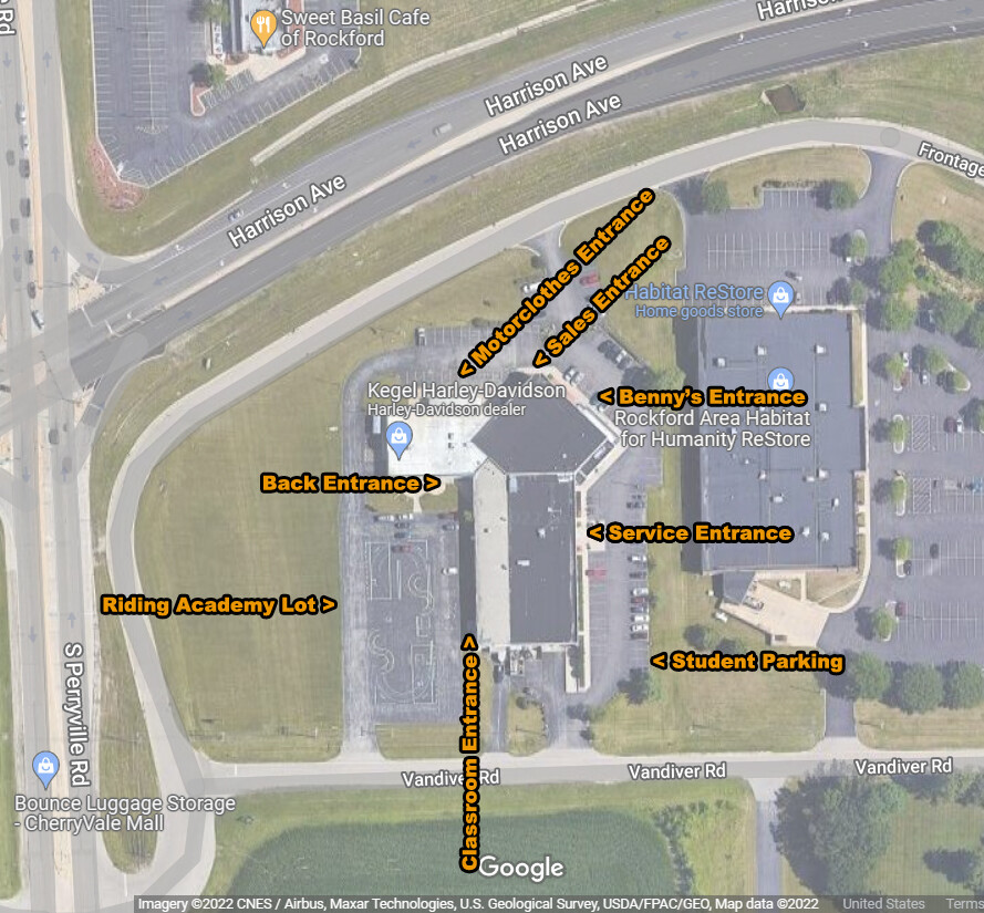 Map showing Kegel Harley-Davidson entrances for Riding Academy reference
