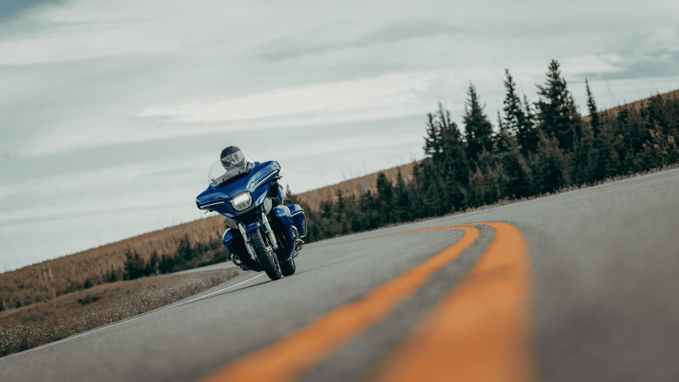 A rider leans into a curve on a 2025 Harley-Davidson® Street Glide® Ultra, cruising a scenic highway
