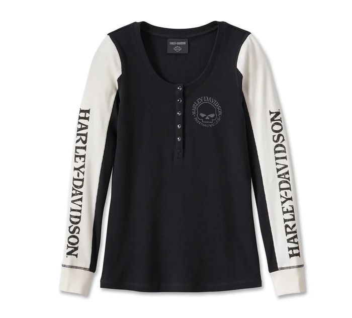 Henley à boutons-pression Willie G Skull à manches longues pour femmes - Colorblocked - Black Beauty