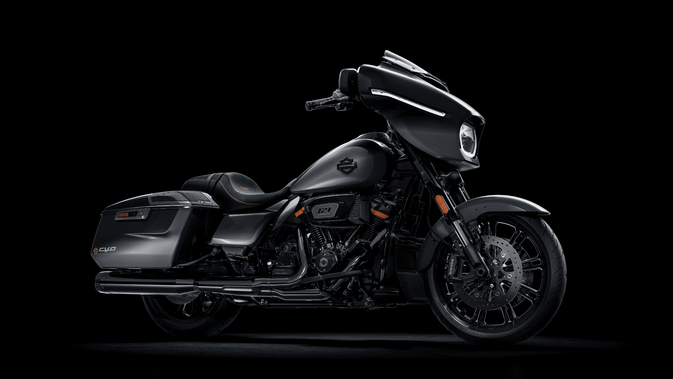 Studio image showcasing the bold profile of a dark gray 2025 Harley-Davidson® CVO™ Street Glide® motorcycle.