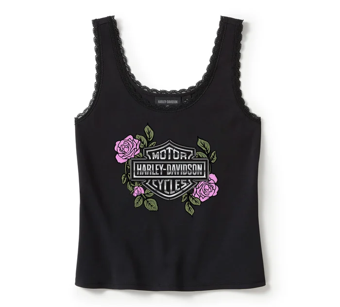 Rose & Thorn Bling Lace Trim Tank - Harley Black