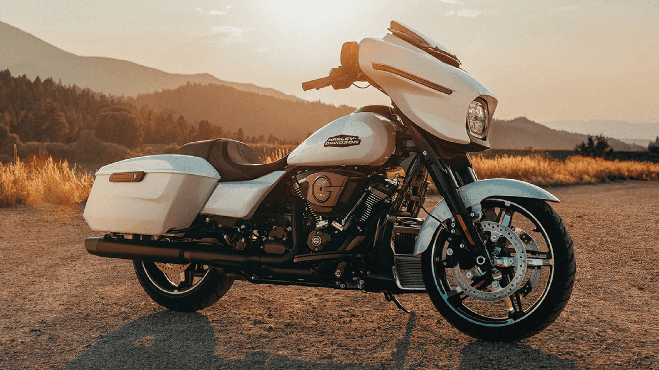 A white 2025 Harley-Davidson® Street Glide® parked on a scenic roadside at sunset, highlighting its sleek design.