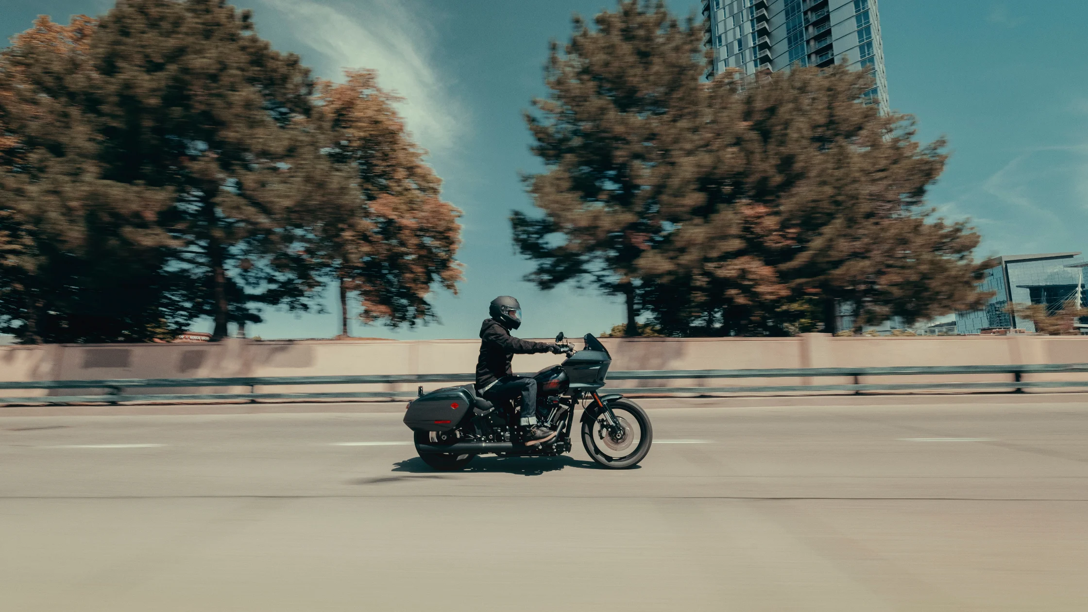 Rider cruises a 2025 Low Rider® ST past blurred trees and city skyline on a sunny highway.