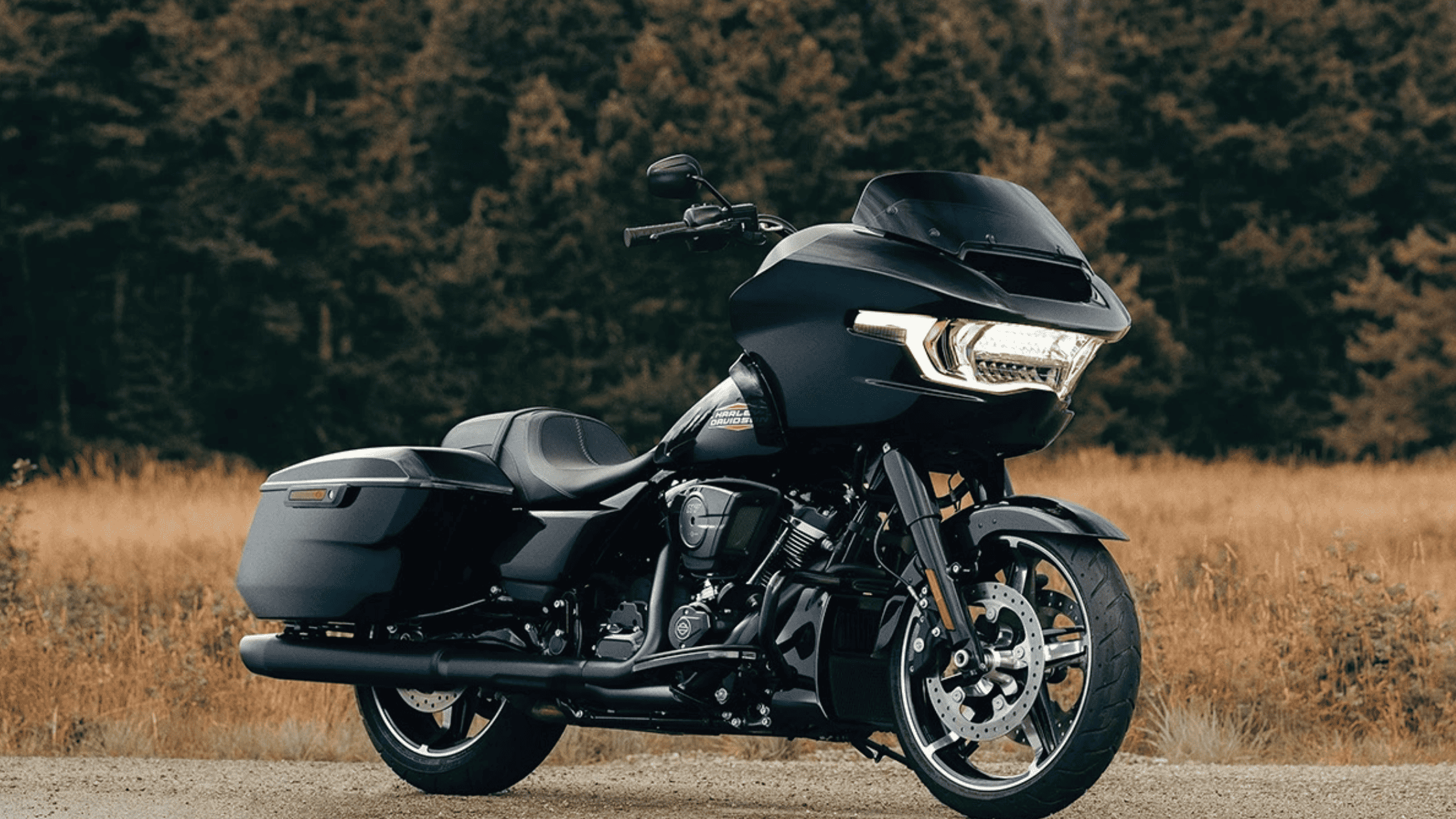 2025 Harley-Davidson® Road Glide® in black parked on a country road with trees in the background