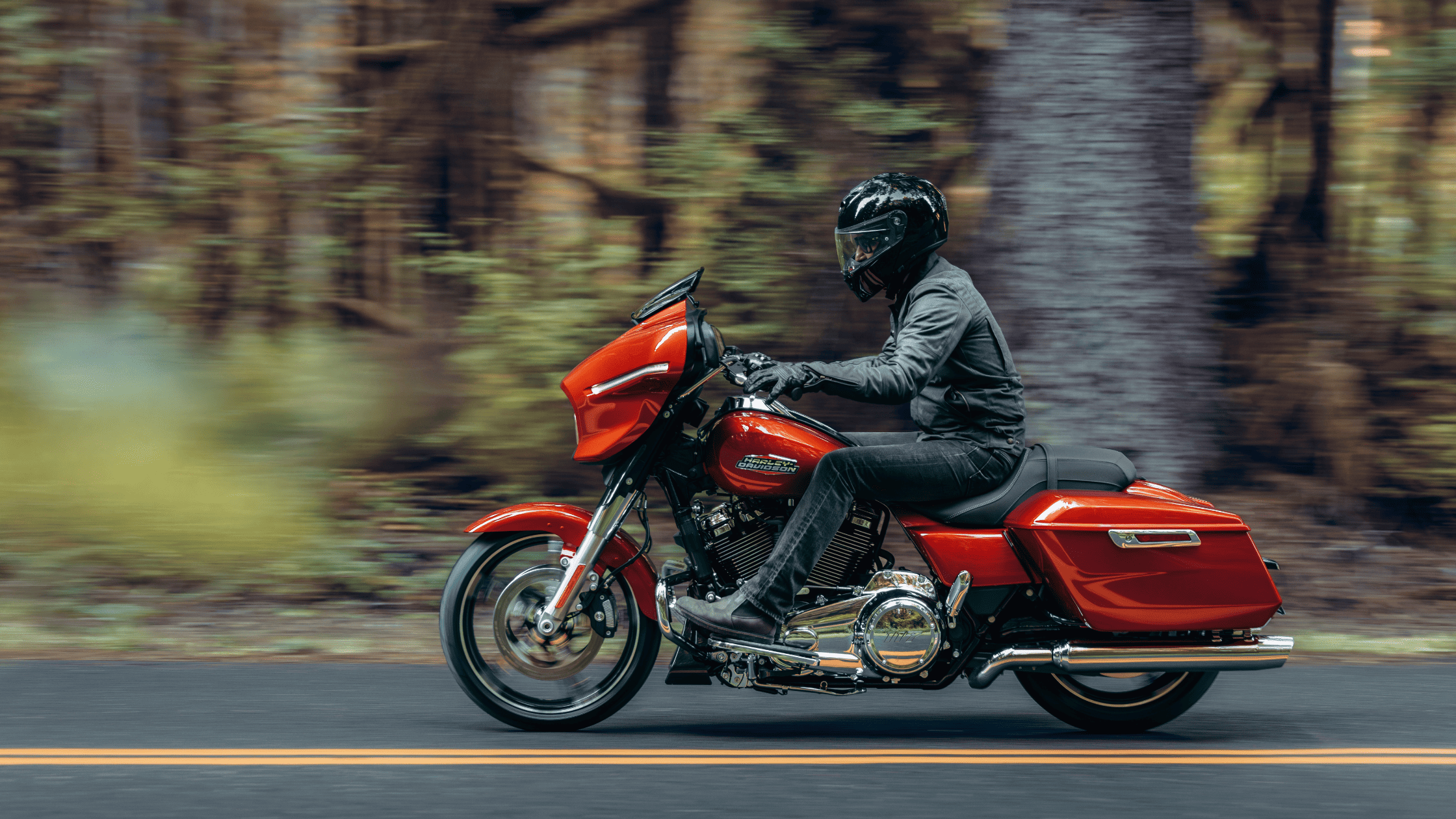 Rider on a 2025 Harley-Davidson Street Glide speeding through a wooded road in motion.