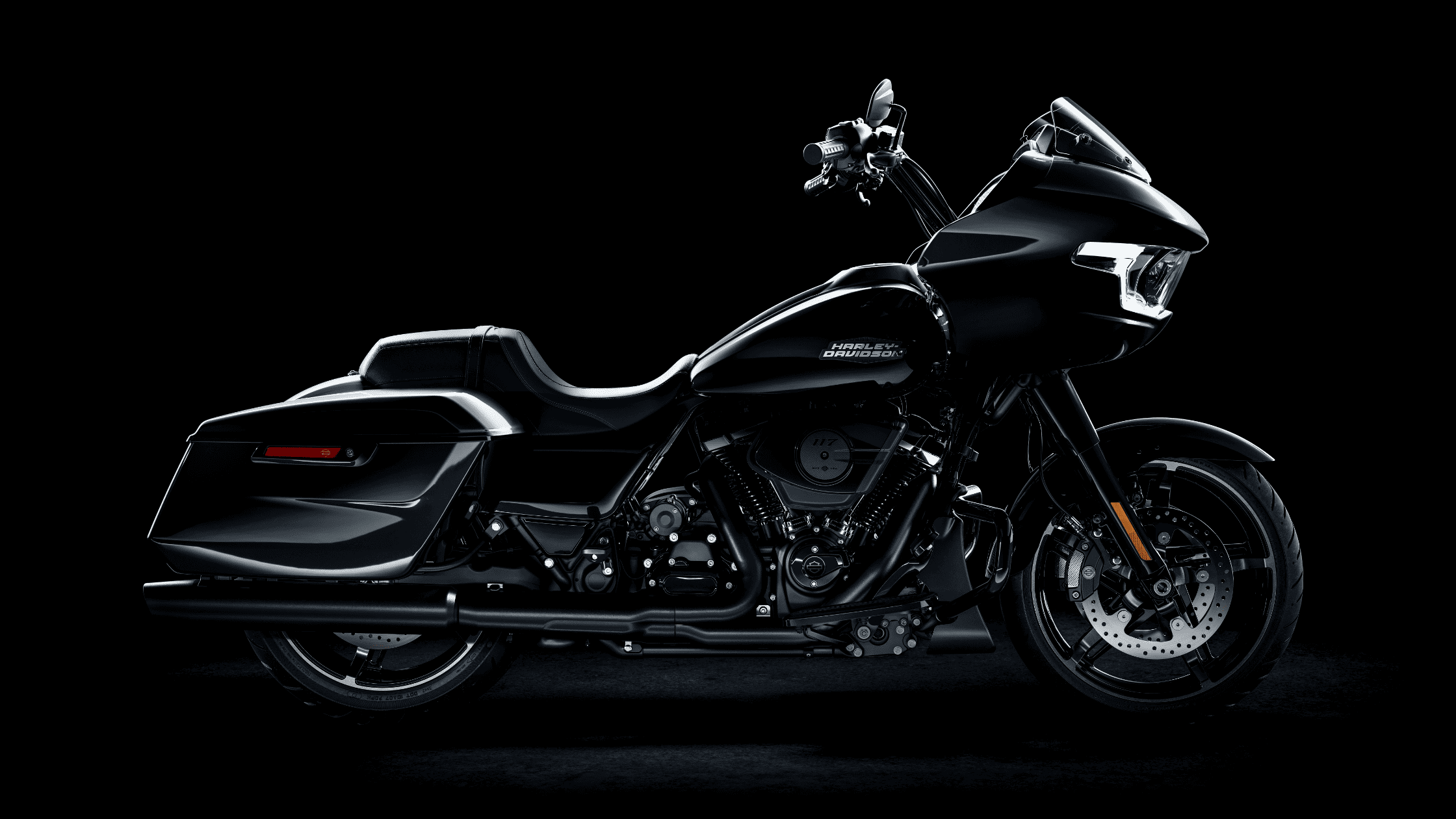 2025 Harley-Davidson Road Glide in black with aerodynamic sharknose fairing and LED headlamps