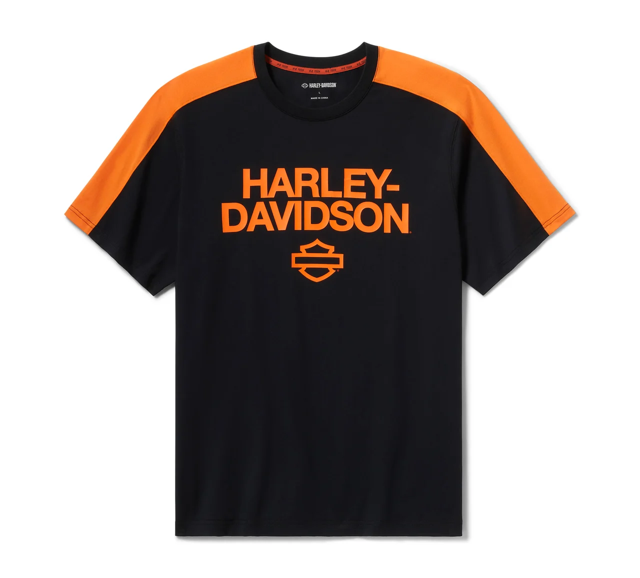 メンズ・H-D®テッククールマックス・Tシャツ・カラーブロック・ハーレーオレンジXハーレーブラック