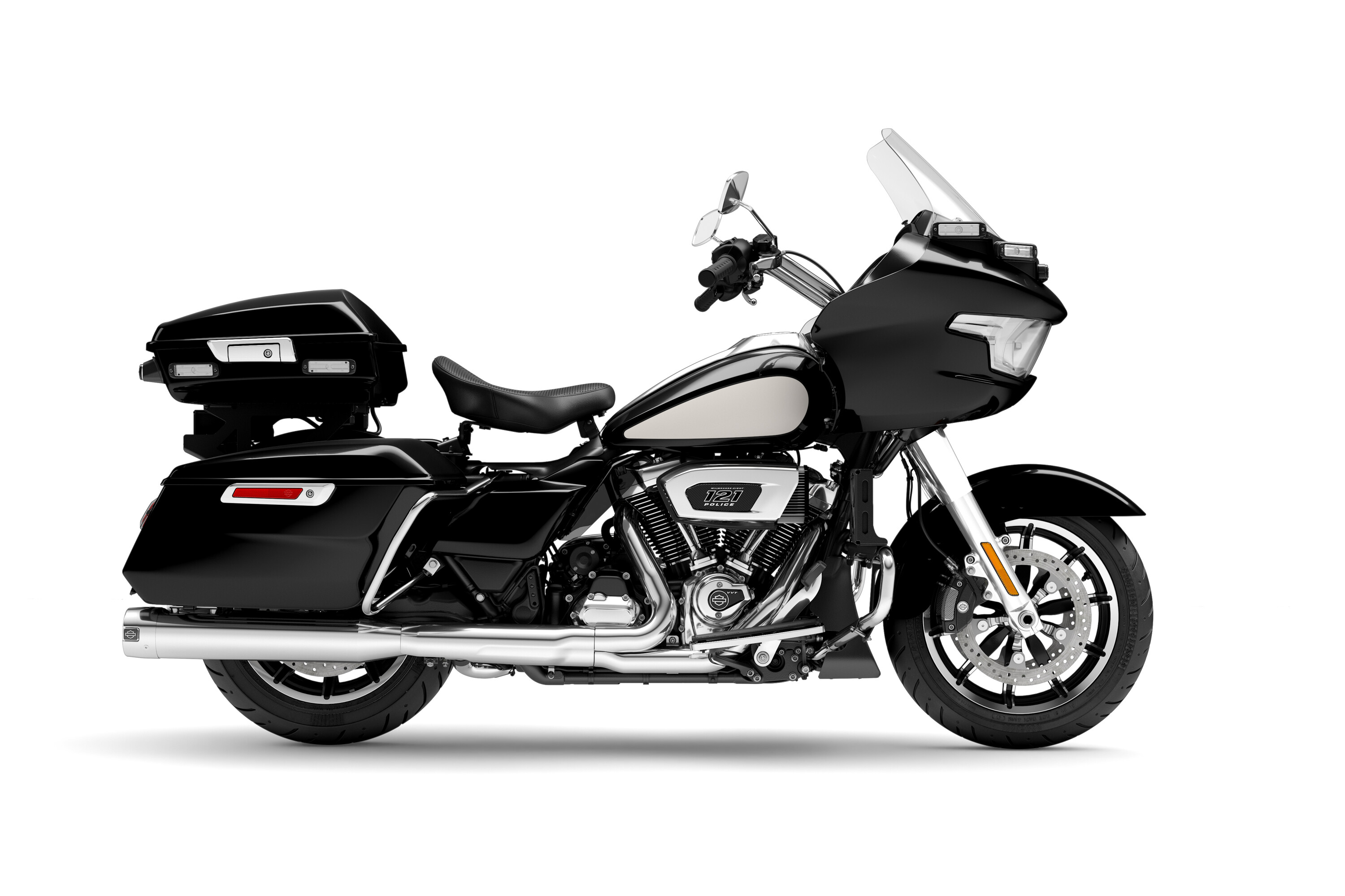 H-D Police Road Glide in vivid black and birch white two-tone livery with a black shark-nose fairing.
