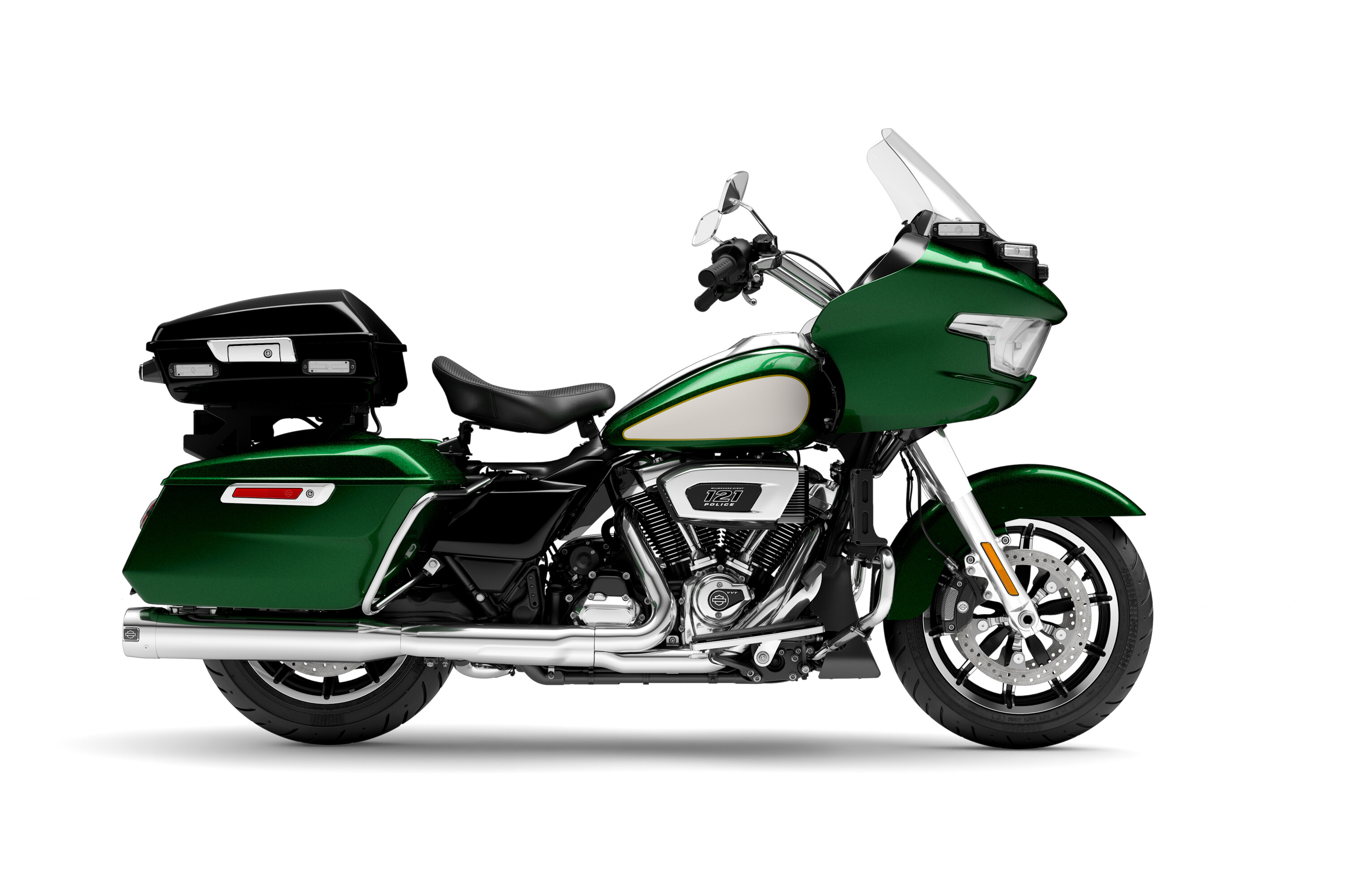 H-D Police Road Glide in kenetic green with birch white tank accents
