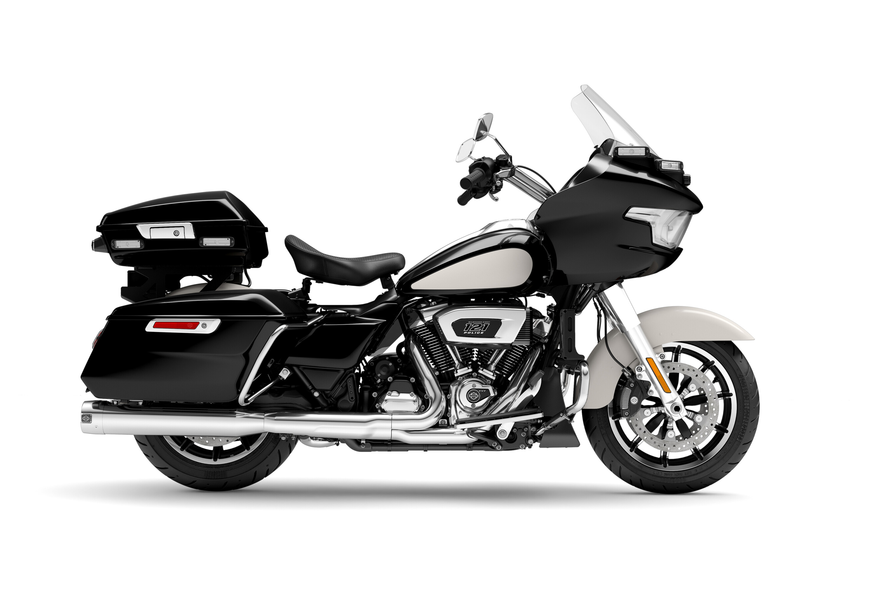 H-D Police Road Glide in vivid black with birch white front fender and tank accents