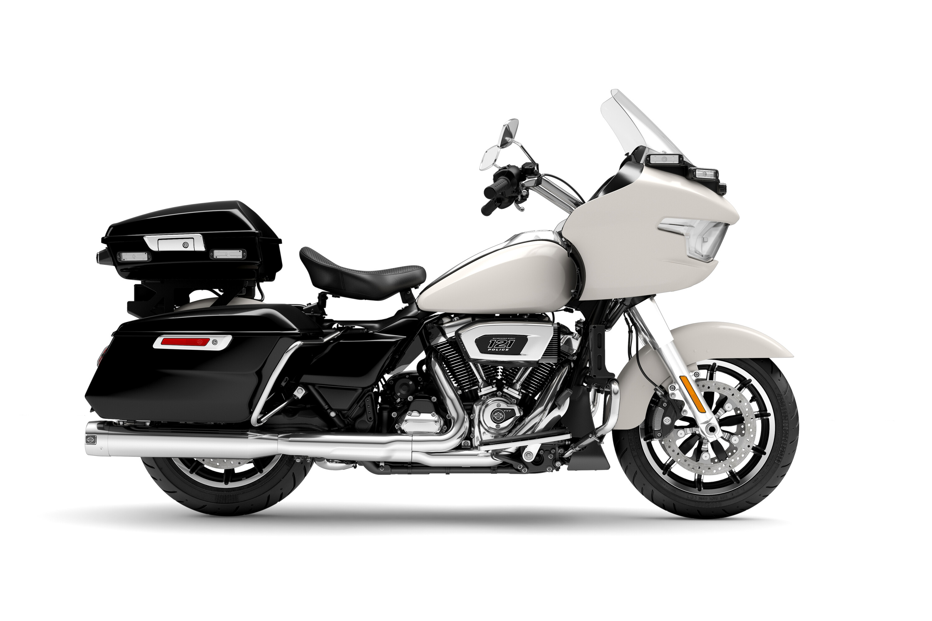 H-D US Park Police Road Glide in vivid black with birch white front fender, fairing, and tank