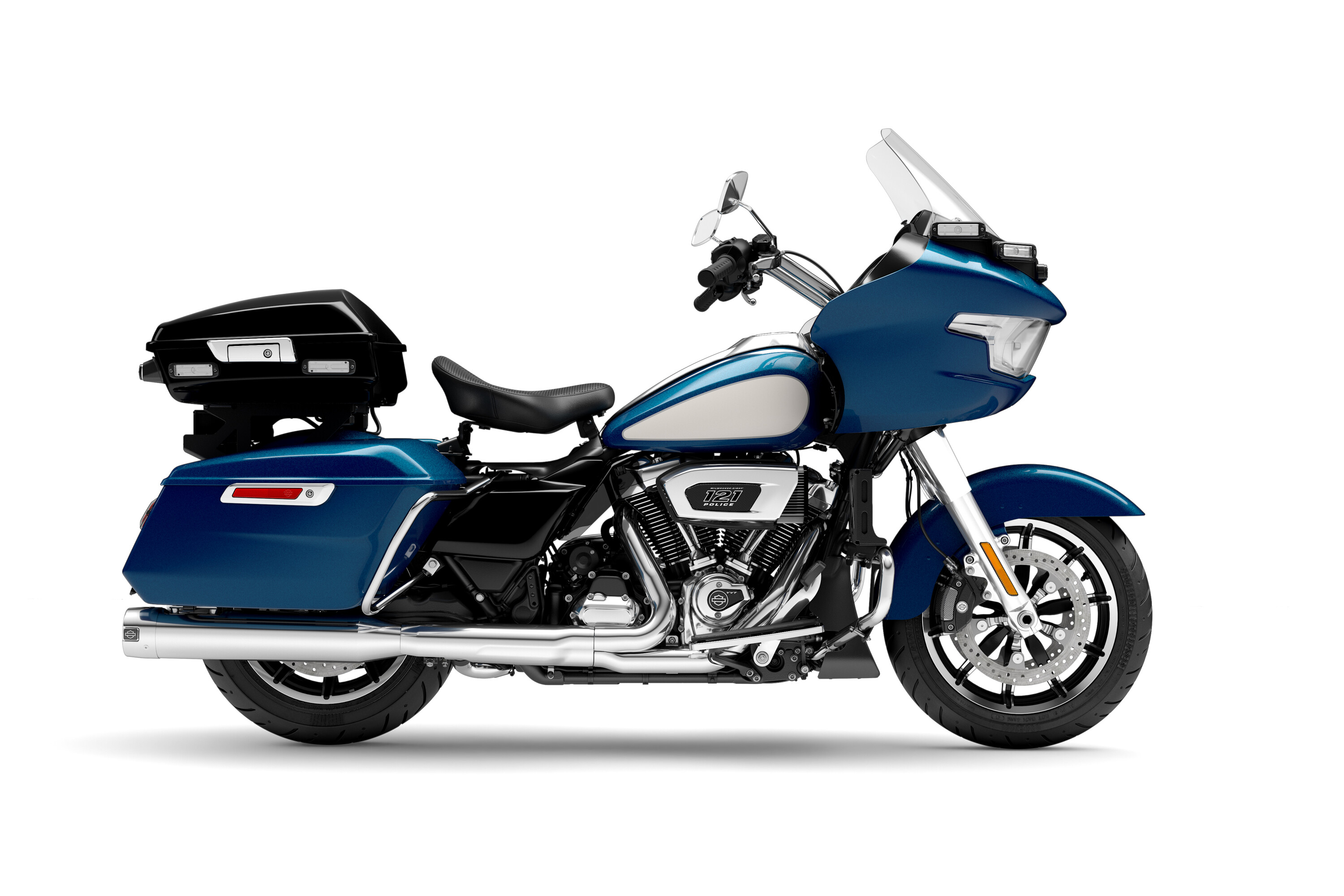 H-D Police Road Glide in luxury blue and birch white two-tone with birch white fuel tank accents.