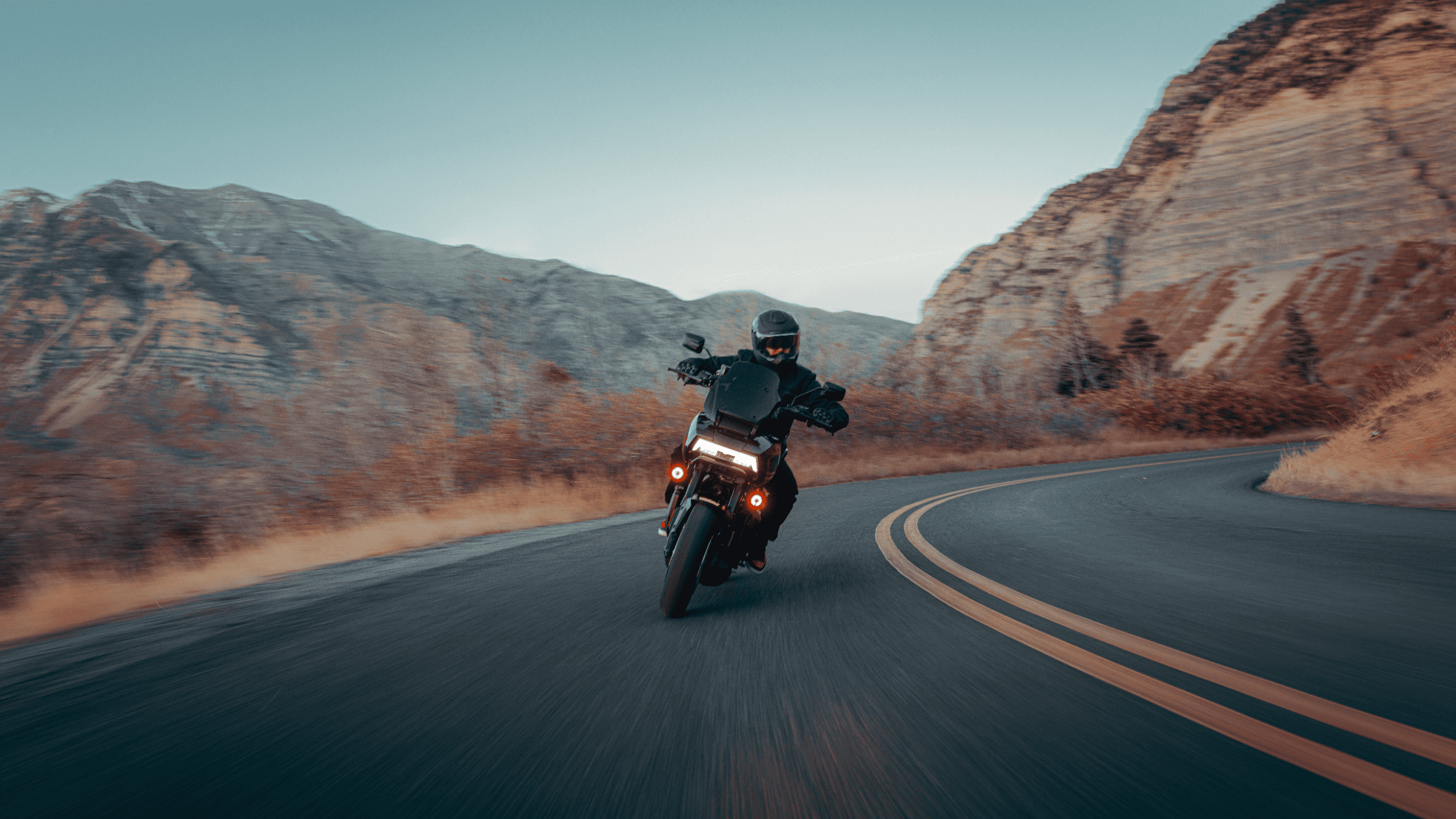 2025 Harley-Davidson Pan America 1250 ST cornering scenic mountain road with rider in gear.