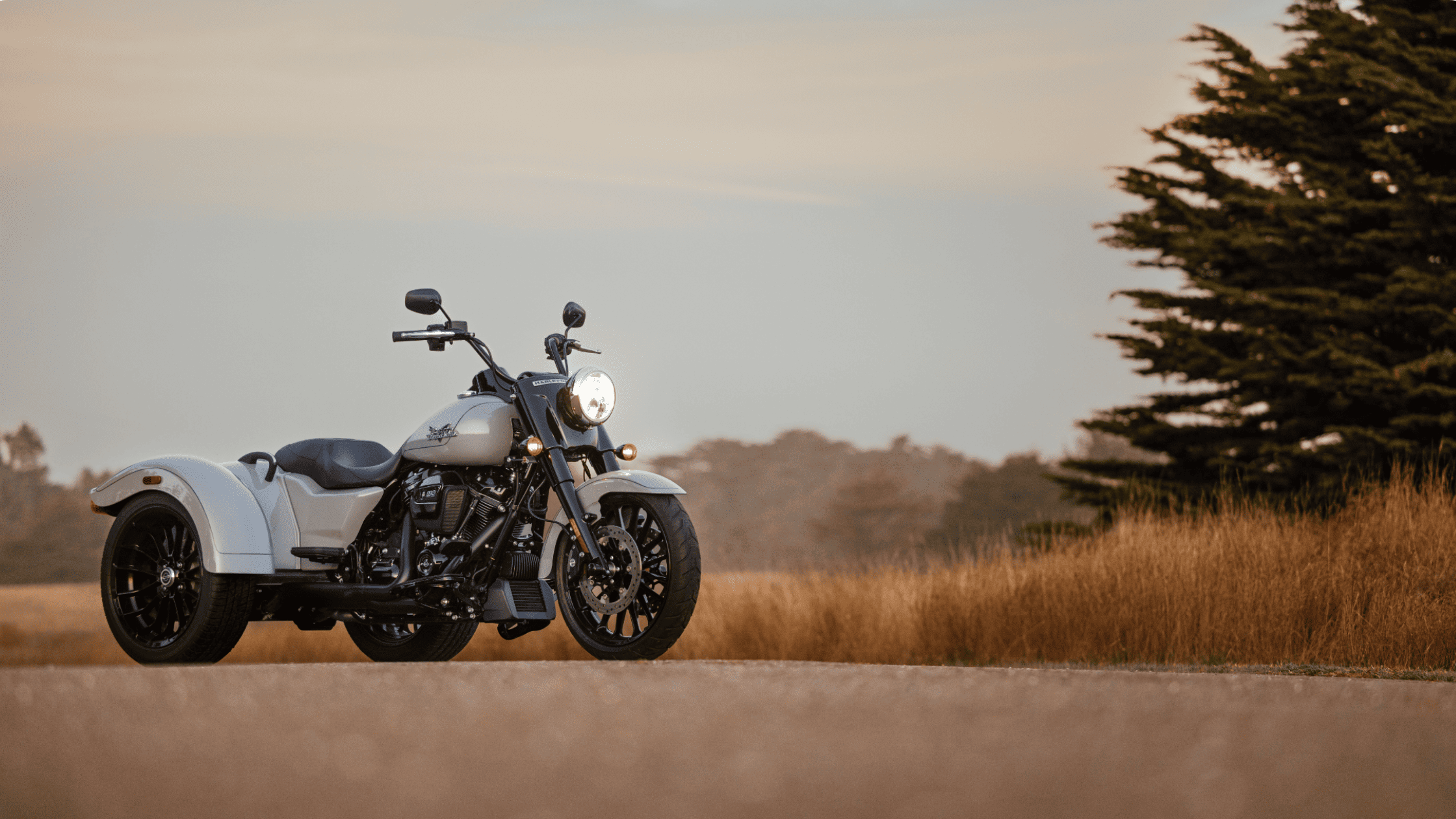 The 2025 Harley-Davidson® Freewheeler® trike is pictured parked on an open countryside road at sunset, showing its three-wheel stance, minimalist fenders, and chrome-accented Milwaukee-Eight® engine.