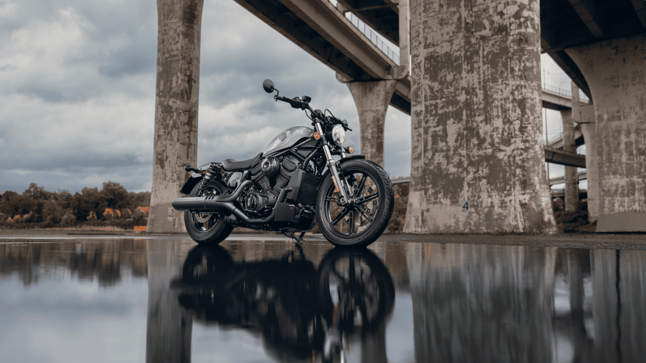 2025 Harley-Davidson Nightster cruiser parked under concrete bridge on wet reflective road